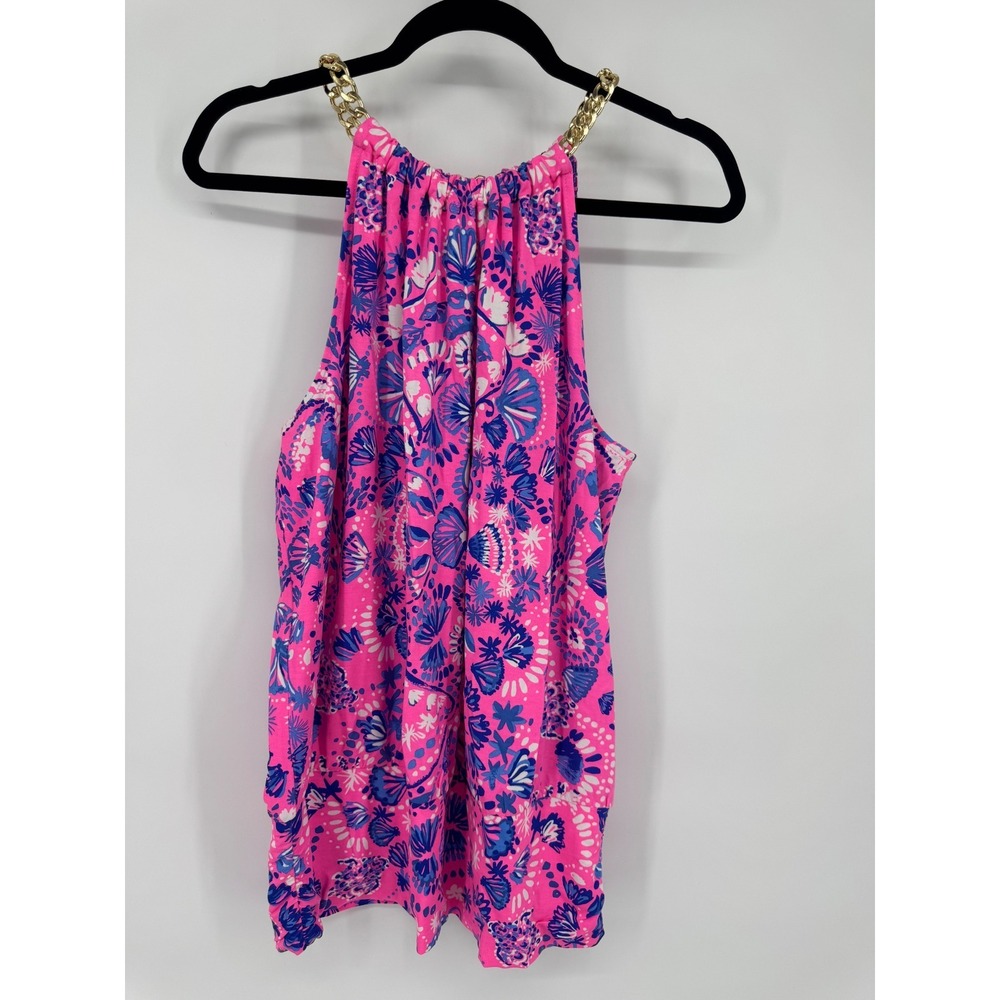 Lilly Pulitzer Bowen Halter‎ Top Gold Chain Pink Turtle Tidepool Engineered L
